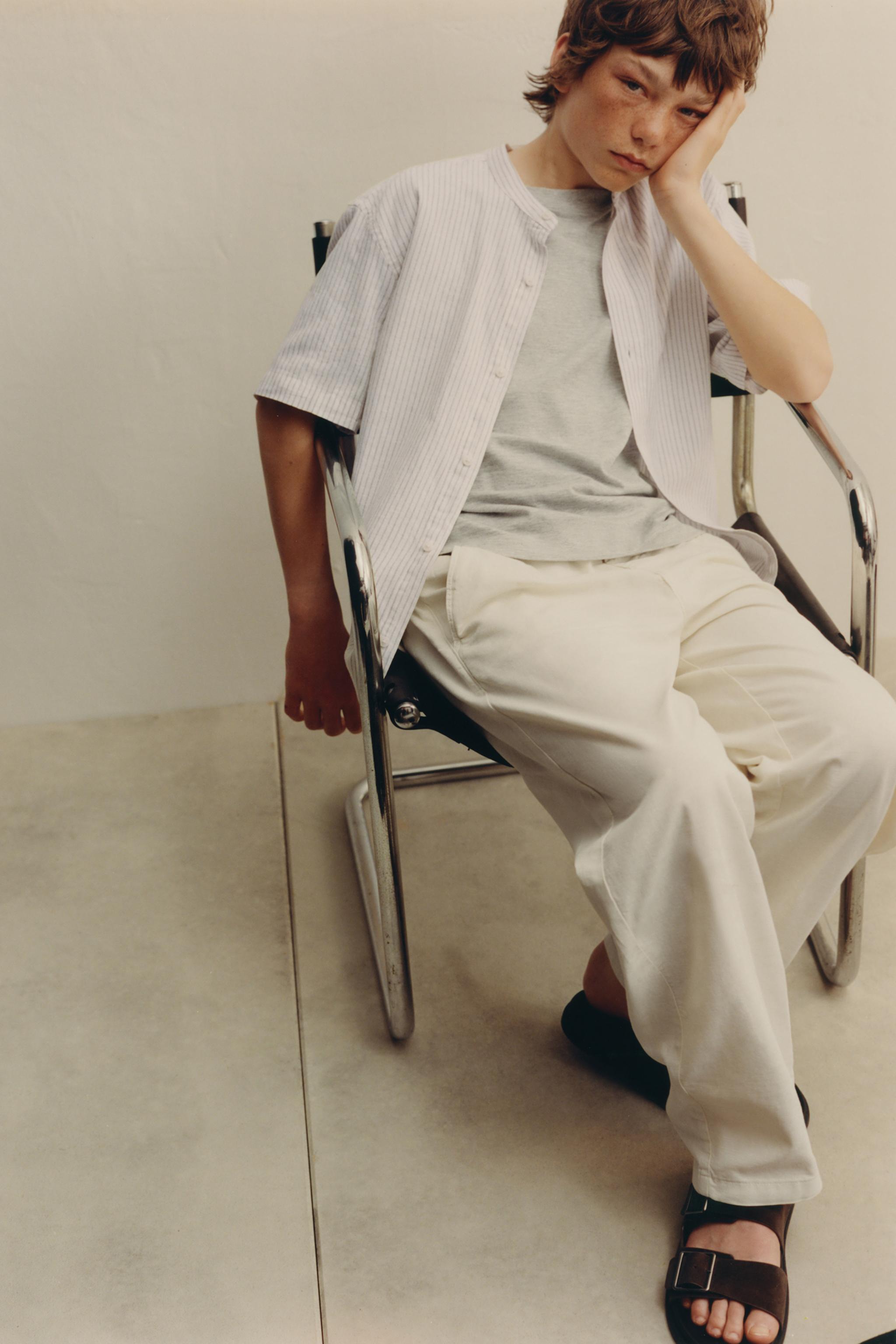 CHEMISE COL MAO À RAYURES COTON ET LIN